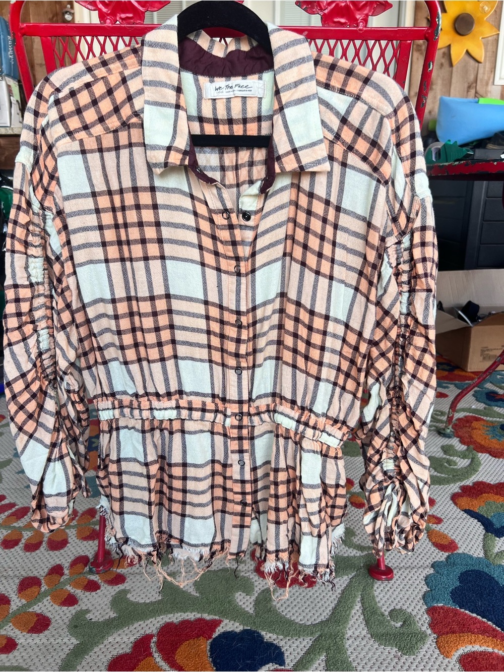 We The Free Peach and Cream Plaid Button-Down Peplum Shirt